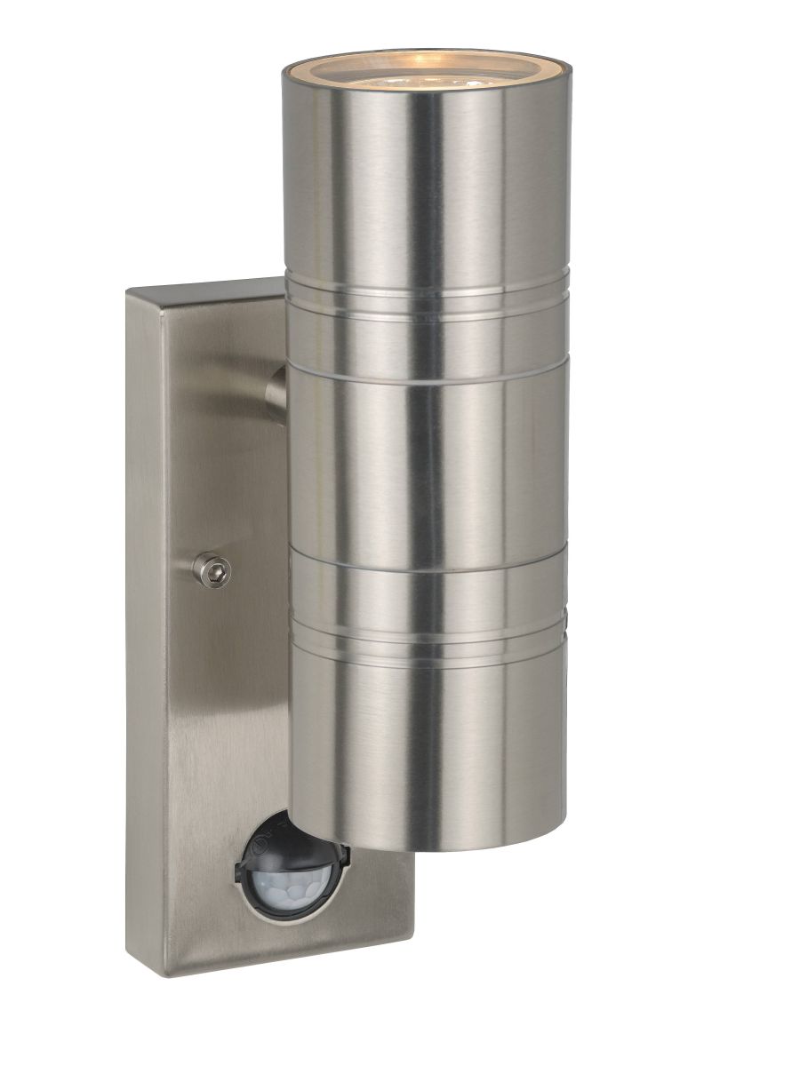 ARNE-LED SPOT MURAL EXTÉRIEUR Ø 6,3 CM LED GU10 2X5W 2700K IP44 CHROME DÉPOLI DETECTEUR